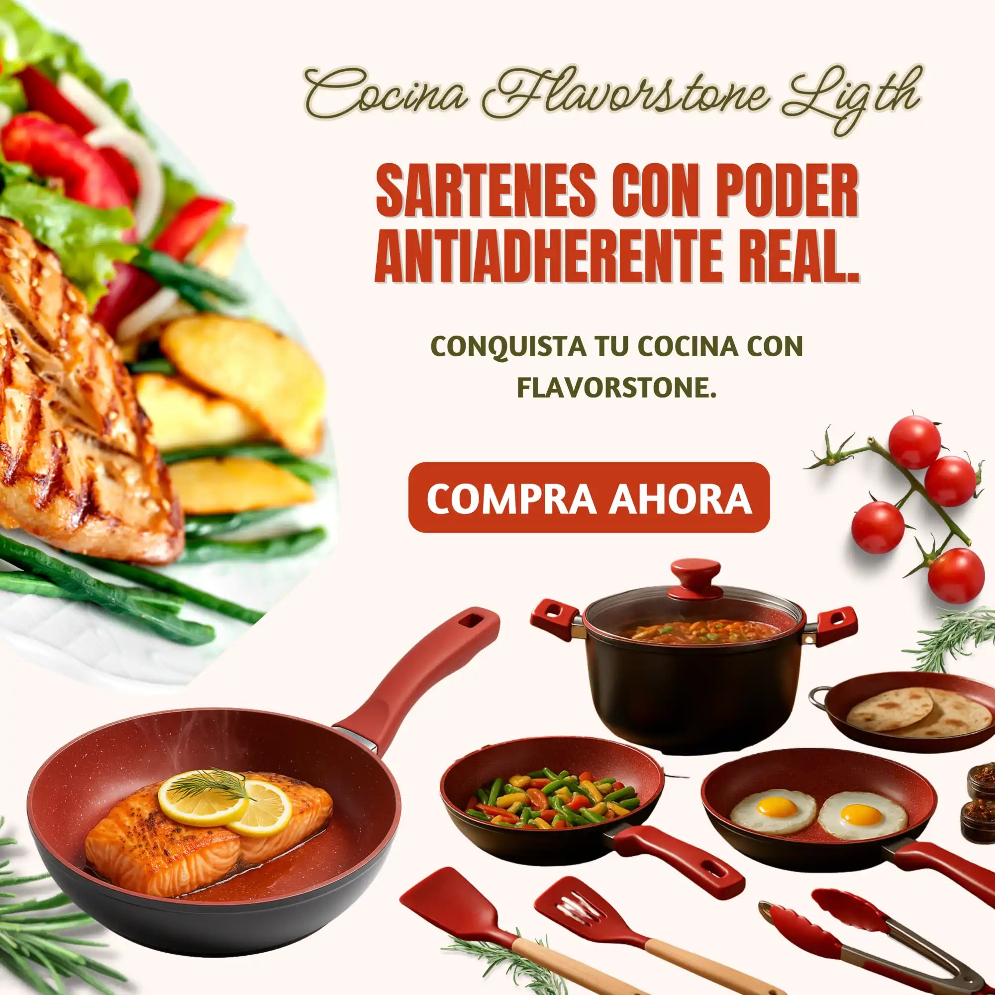 Una colección de utensilios de cocina antiadherentes rojos y negros con comida.