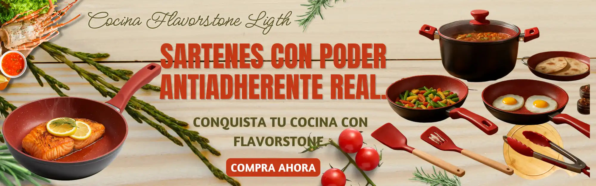 Conjunto de utensilios de cocina antiadherentes en rojo y negro con utensilios de madera y silicona.