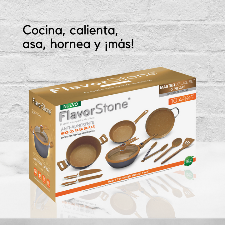 Batería de cocina FlavorStone Master Deluxe Set juego de sartenes antiadherentes, cacerola, comal y accesorios de silicón