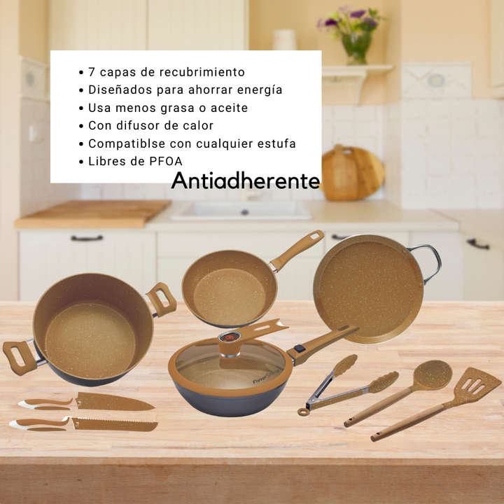 Batería de cocina FlavorStone Master Deluxe Set juego de sartenes antiadherentes, cacerola, comal y accesorios de silicón