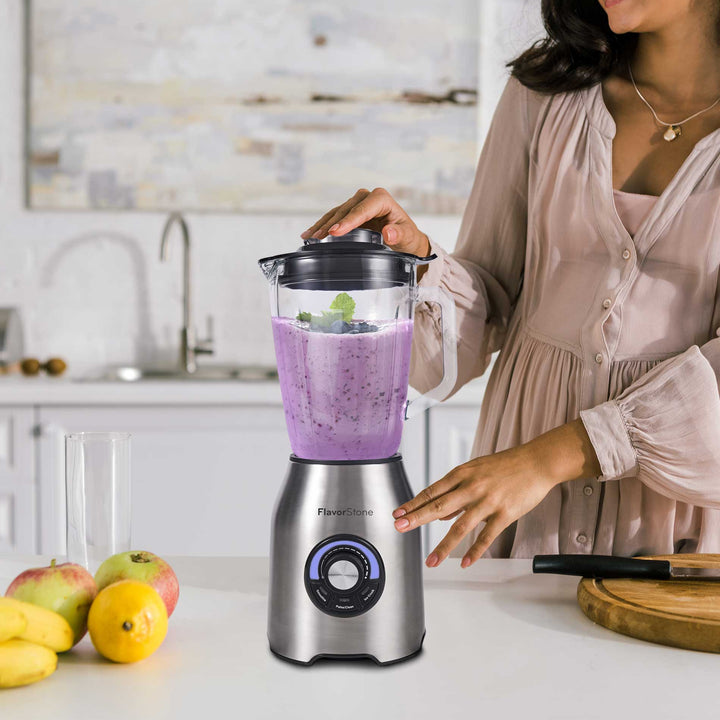 Licuadora FLAVORSTONE QUARTZ con perilla de velocidad y 3 funciones preprogramadas, vaso de vidrio 2 L, cuchillas de titanium y motor de cobre de 1000w