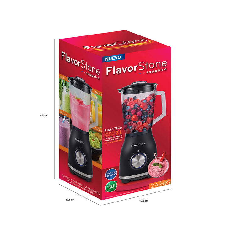Licuadora FLAVORSTONE SAPPHIRE de 4 velocidades y función de pulso 550w vaso de vidrio de 2 litros con cuchillas de titanio y motor de cobre