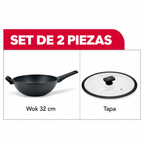 Wok Con Tapa Flavorstone All Black 32 Cm Para Cocina