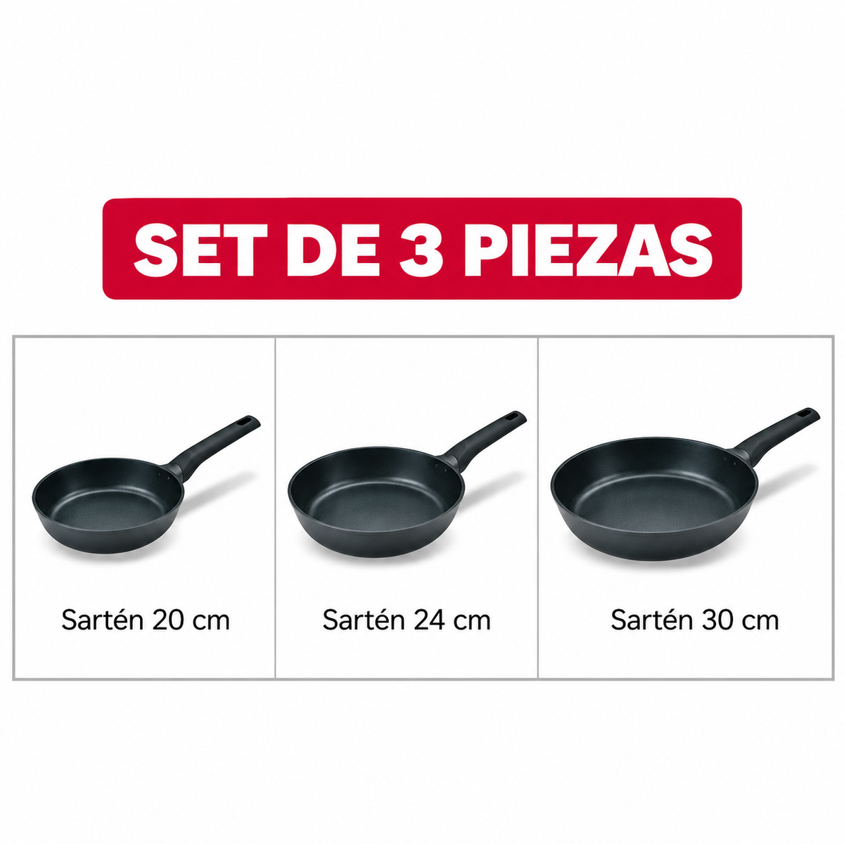 Juego de 3 Sartenes Flavorstone All Black 20 24 Y 30 Cm