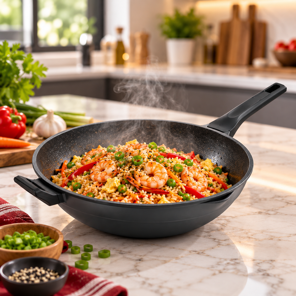 Wok Con Tapa Flavorstone All Black 32 Cm Para Cocina