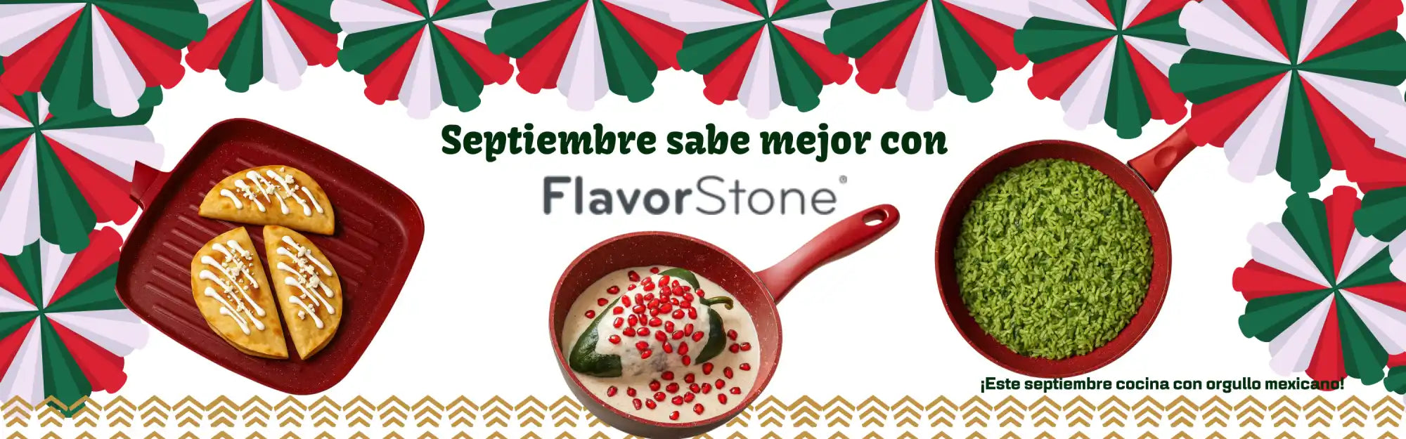 Anuncio de utensilios de cocina FlavorStone con platos inspirados en México.