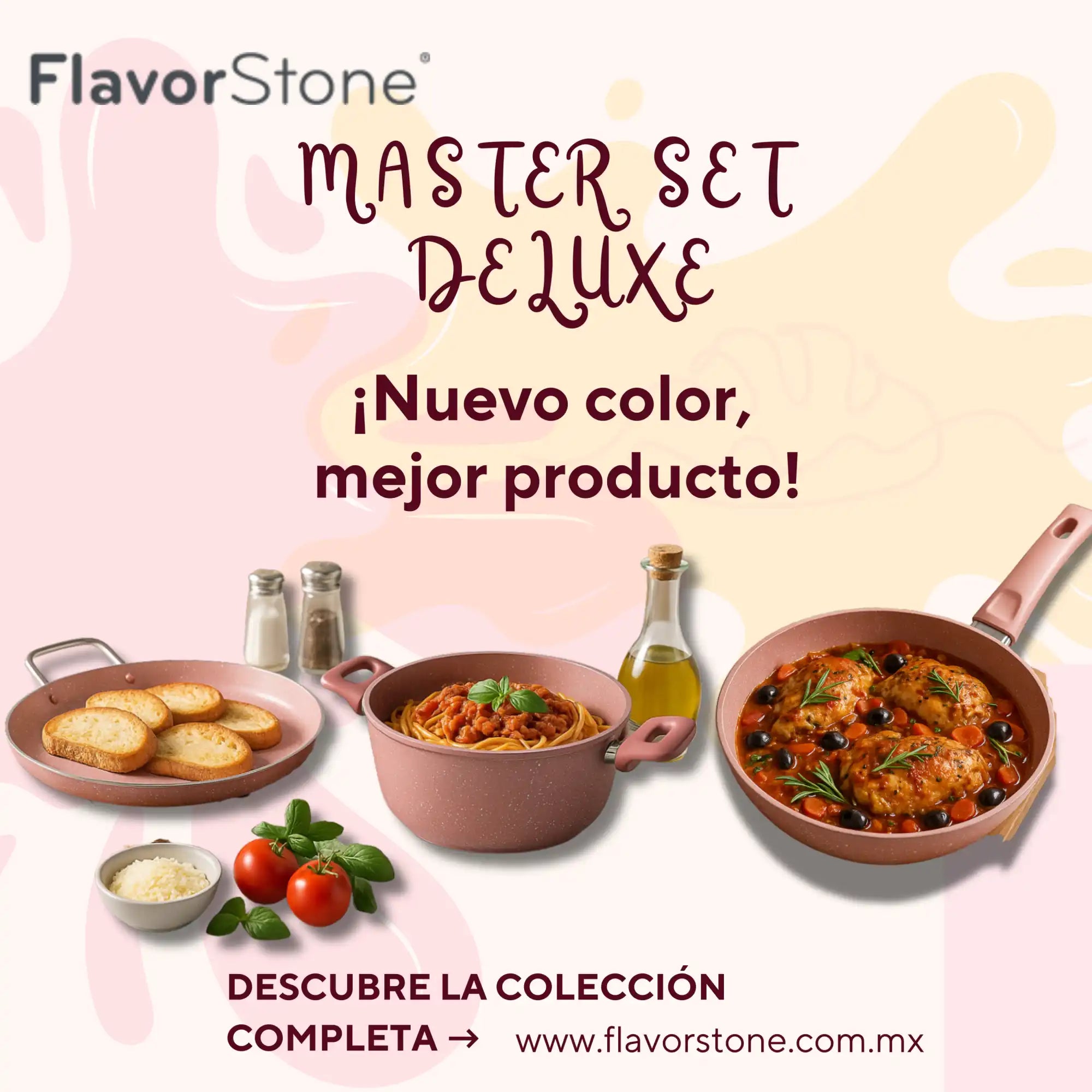 Un conjunto de utensilios de cocina de color rosa claro.