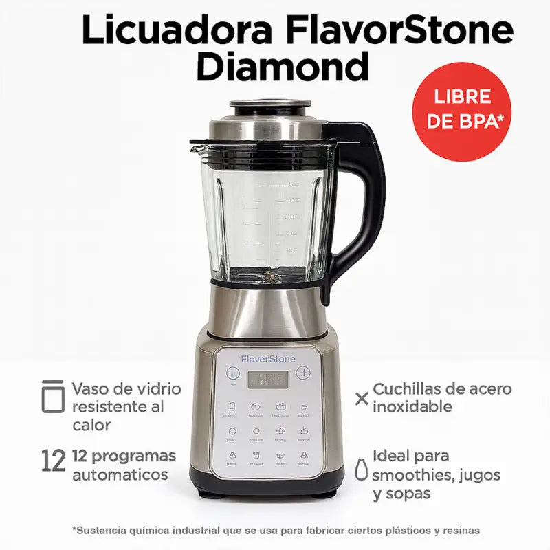 Procesador FlavorStone Diamond 1200W 15 Funciones Vaso Vidrio 2L Cuchillas Titanio - Flavor Stone