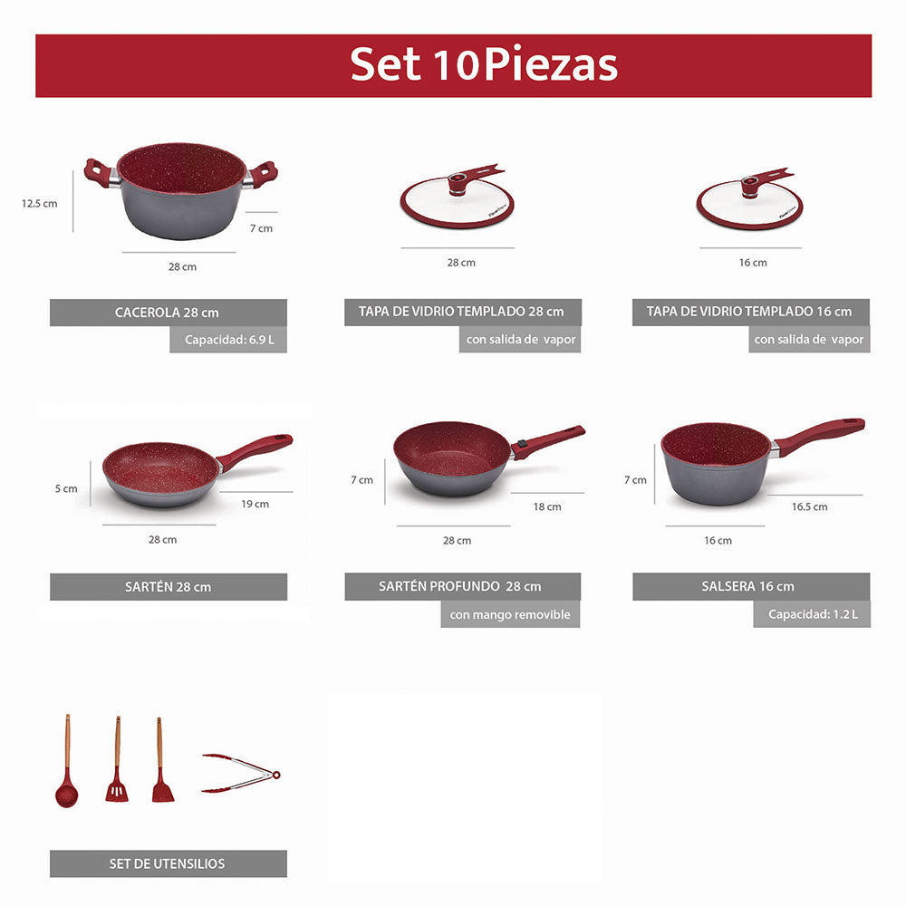 Batería de Cocina Flavorstone Light Grande Set de 28 cm con 10 piezas sartenes, cacerola y salsera ¡Incluye un regalo especial!