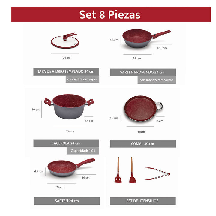 Batería de Cocina Flavorstone Light Master Set de 24 cm con 8 piezas sartenes, cacerola, comal y accesorios ¡Incluye un regalo especial!