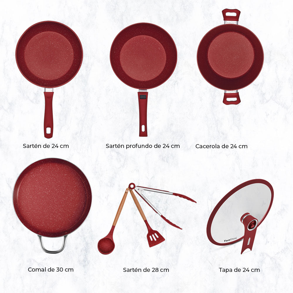 Batería de Cocina Flavorstone Light Master Set de 24 cm con 8 piezas sartenes, cacerola, comal y accesorios ¡Incluye un regalo especial!