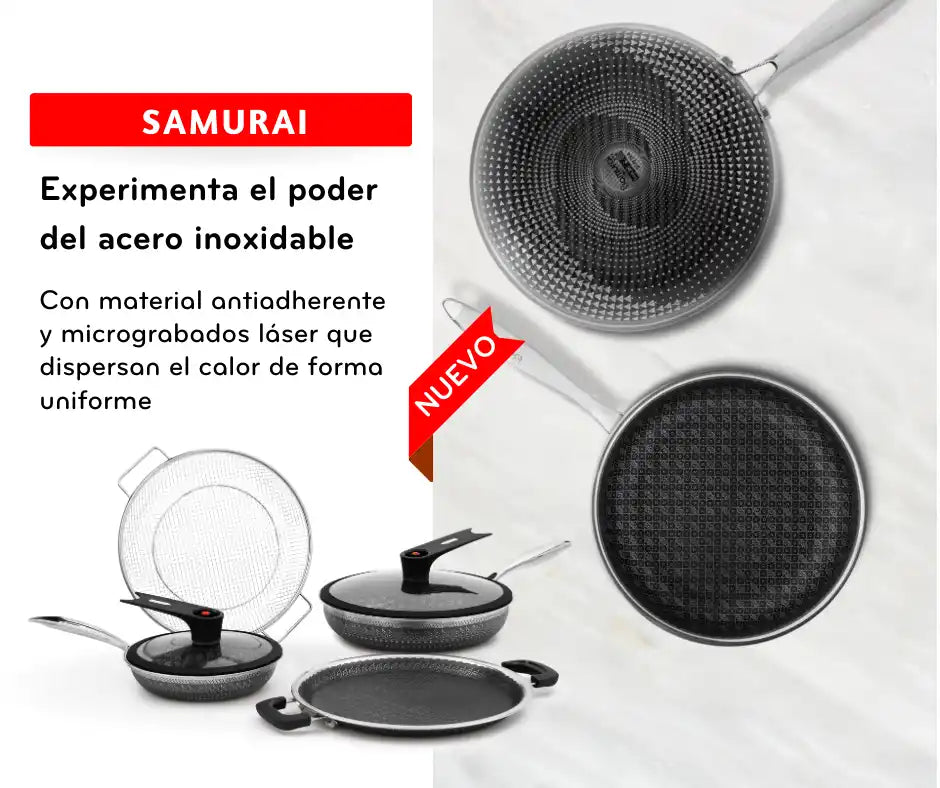 Cubiertos de acero inoxidable con material antiadherente y grabados microláser para una dispersión uniforme del calor.