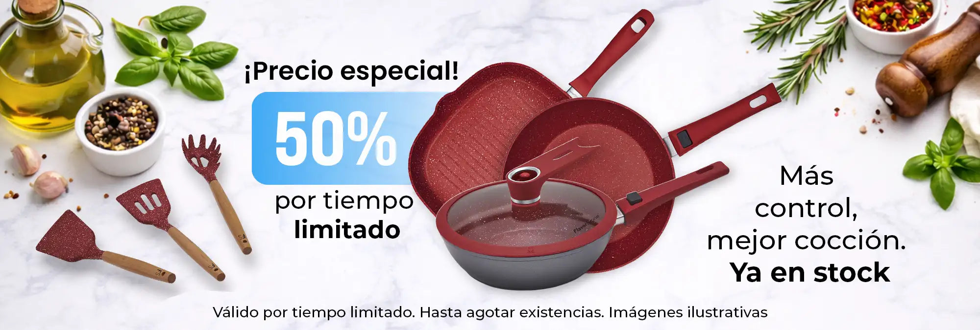 Juego de sartenes antiadherentes rojas con tapas a juego y utensilios con mango de madera.