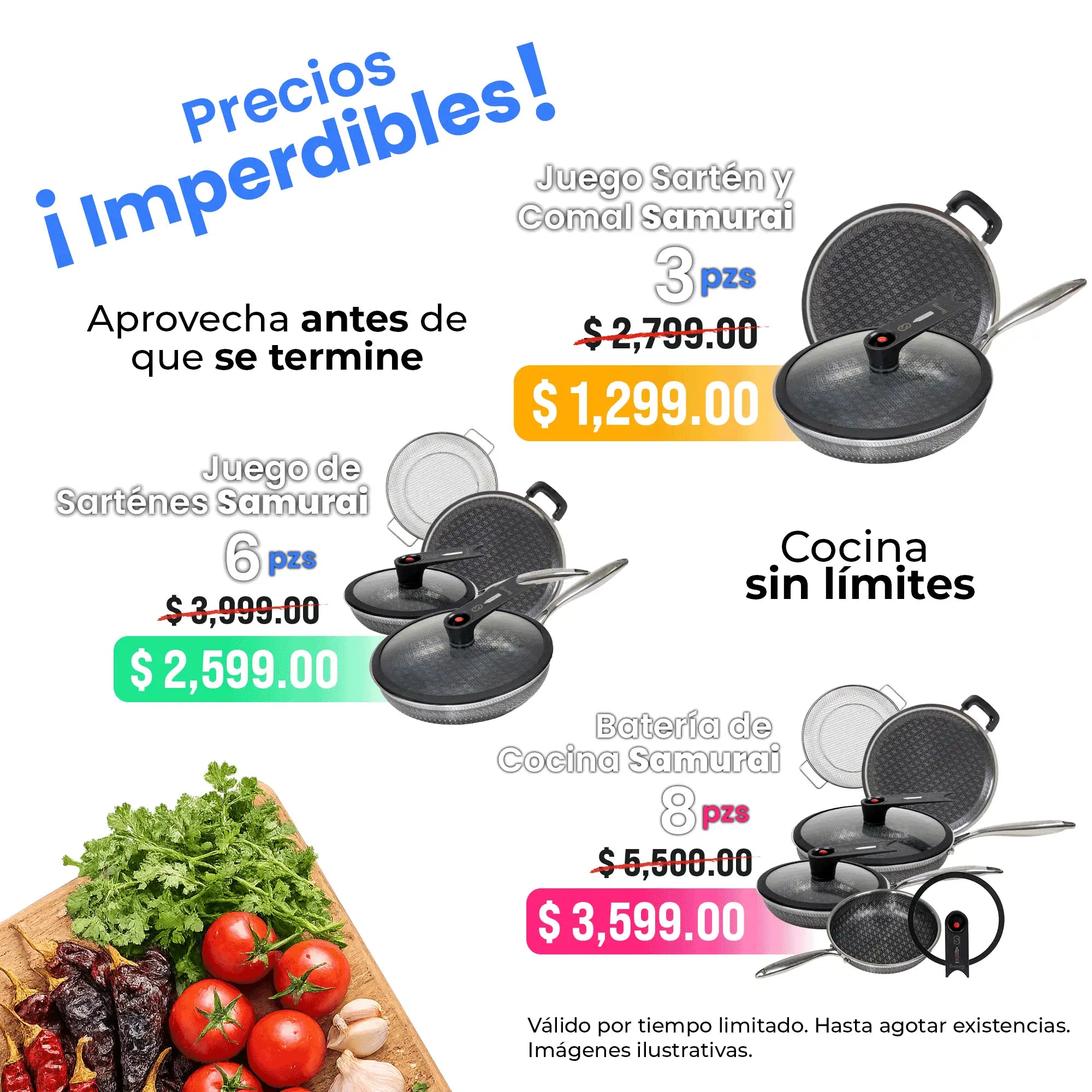 Juego de utensilios de cocina samurai antiadherente negro con tapas texturizadas y mangos de acero inoxidable.