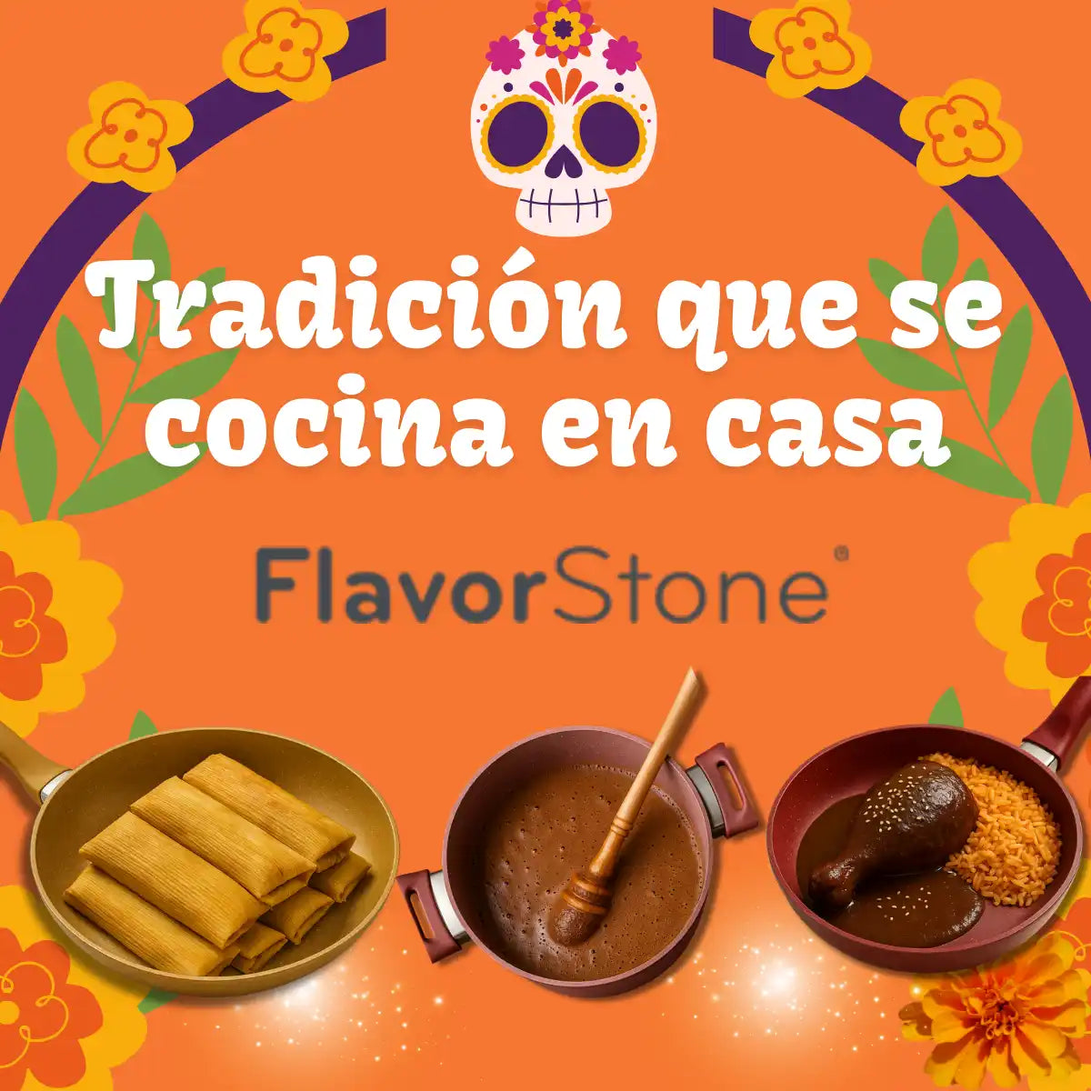 Barra de chocolate Flavorstone con diseño de calavera de azúcar y fondo naranja festivo.