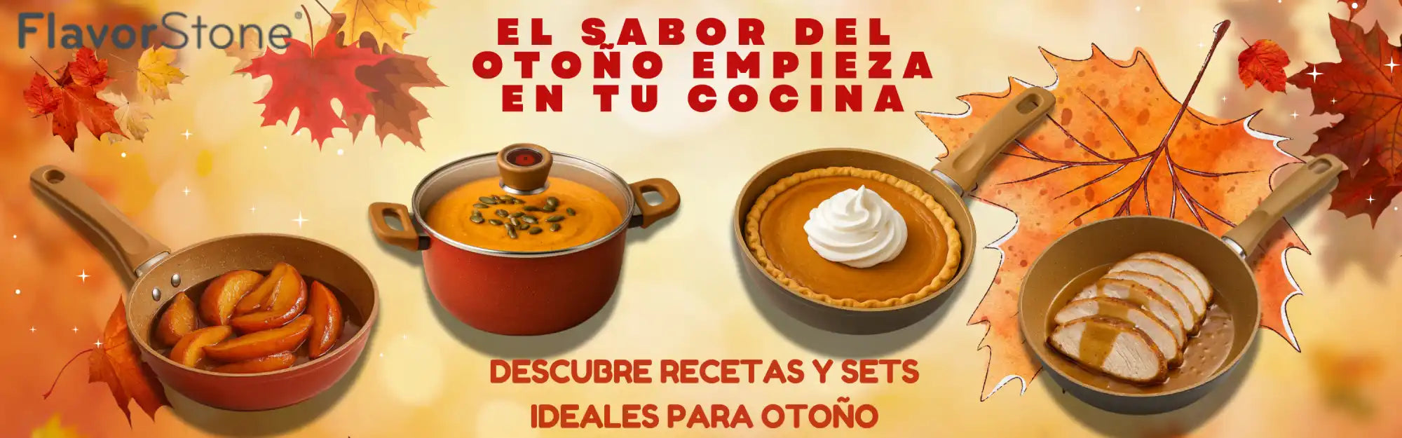ollas de cocina FlavorStone con platos de temática otoñal.