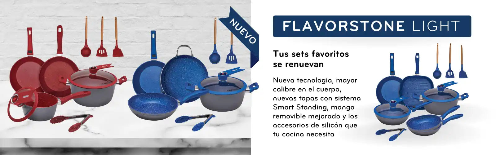 Una colección de juegos de utensilios de cocina rojos y azules con utensilios a juego.