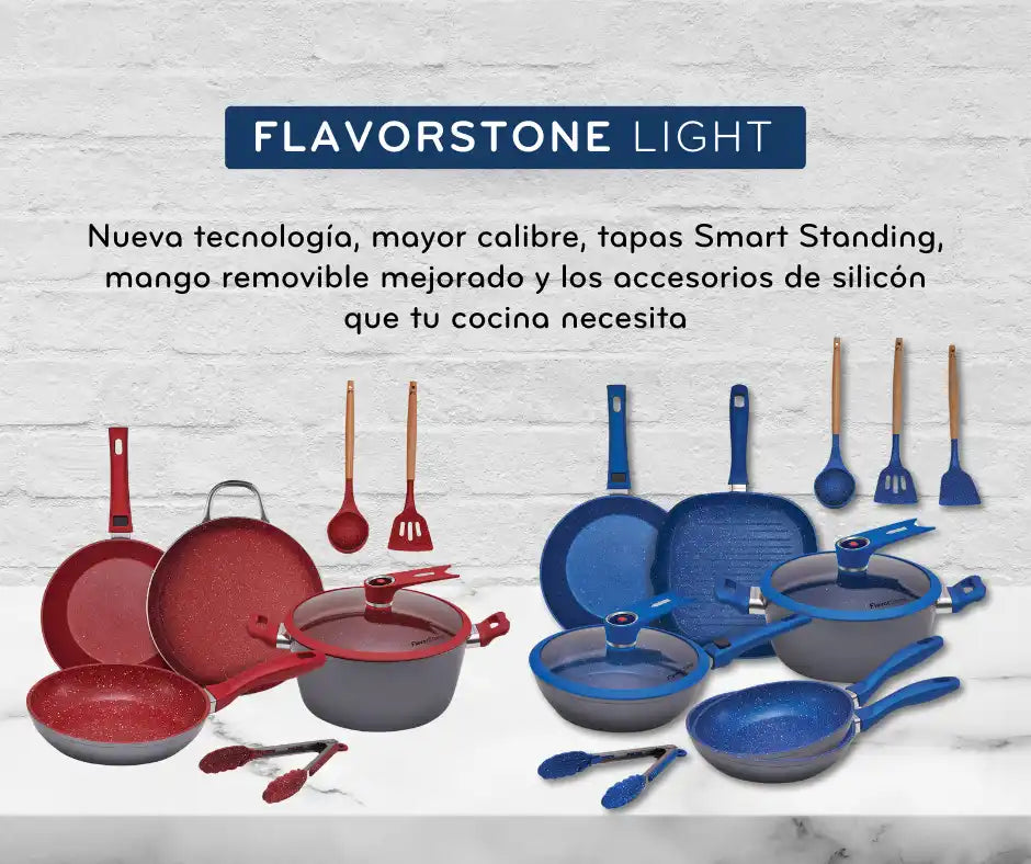 Una colección de utensilios de cocina rojos y azules que incluyen ollas, sartenes y utensilios de silicona.