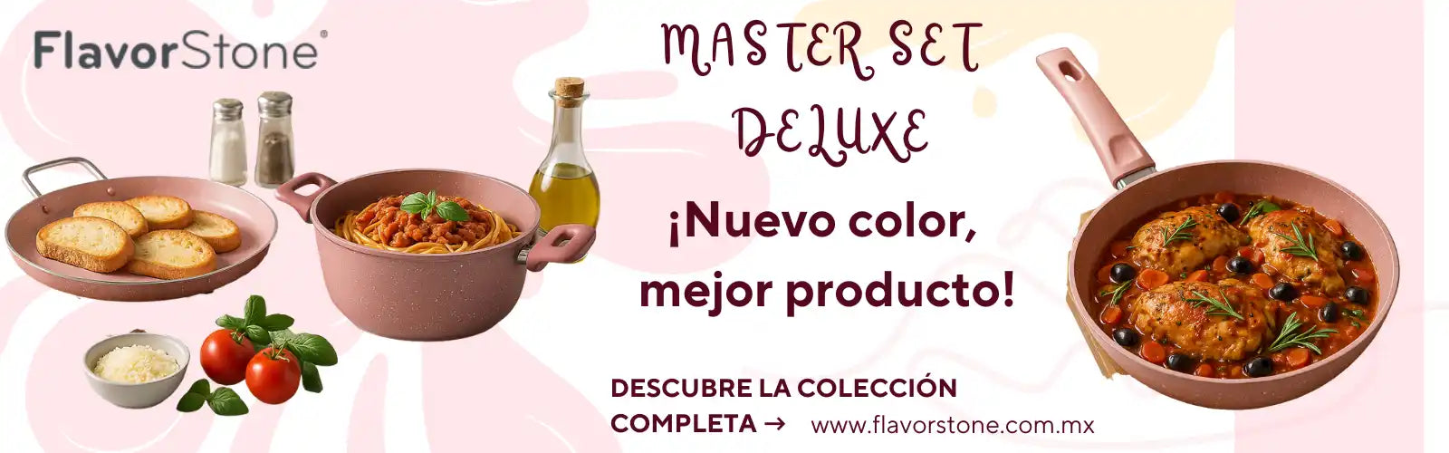 Una colección de utensilios de cocina antiadherentes rosas que incluye una sartén, una sartén para saltear y una cacerola profunda.