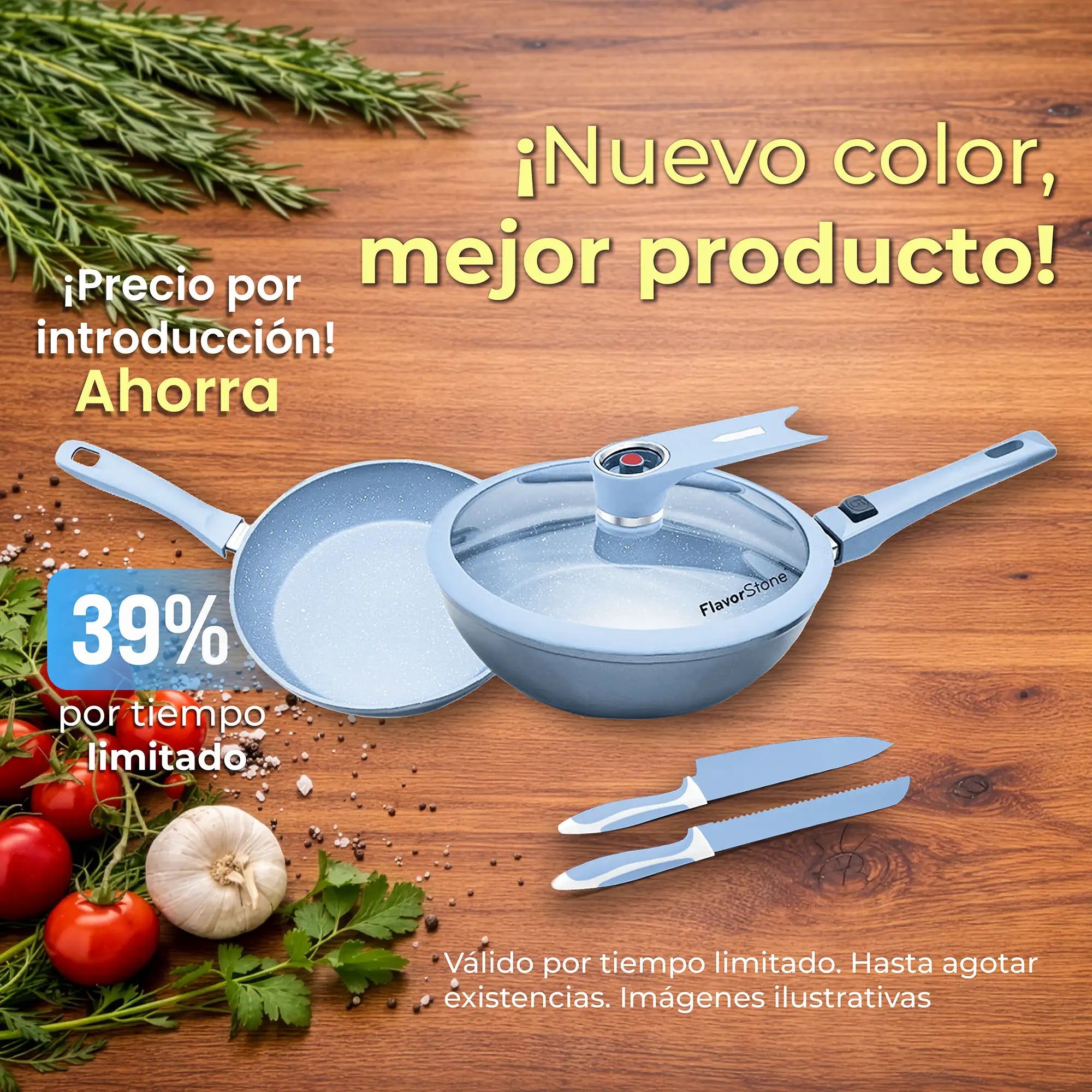Sartén antiadherente azul claro con tapa y mango a juego, con el logotipo de la marca flavorstone en su lateral.
