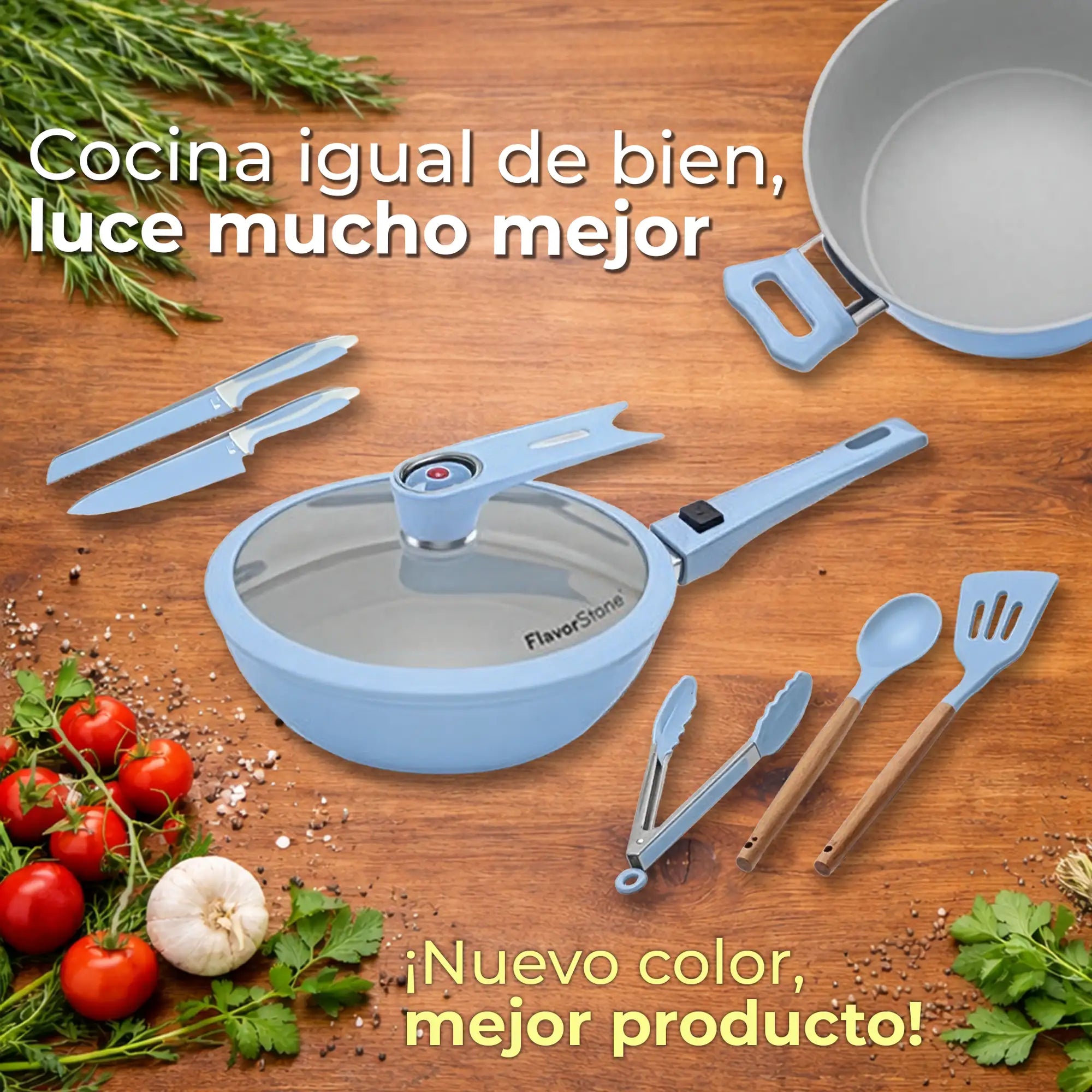 Sartén antiadherente azul claro con tapa de vidrio transparente y el nombre de la marca 'flavorstone' impreso en ella.