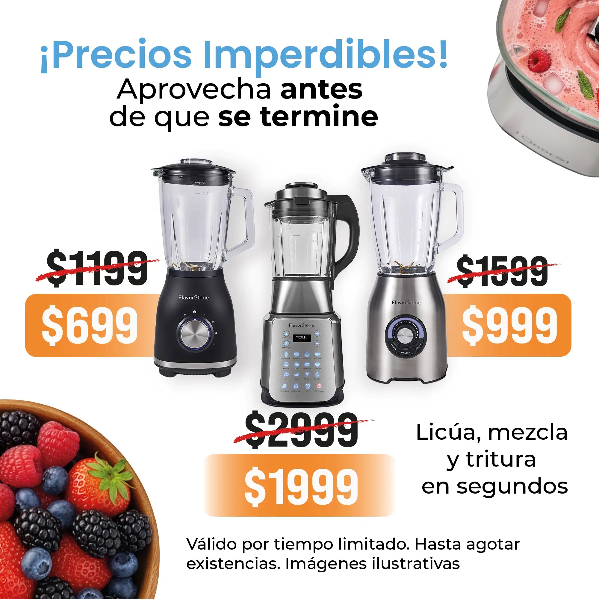 Tres licuadoras modernas y elegantes de la marca flowstone se muestran con jarras de vidrio transparente y bases negras o plateadas.